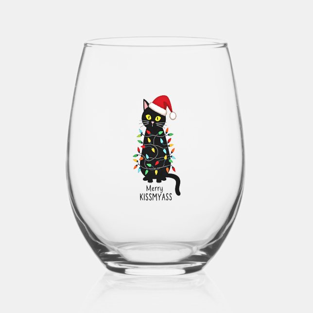 Vaso De Vino Merry Kissmyass Funny Cat Christmas Lights Premium (Anverso)