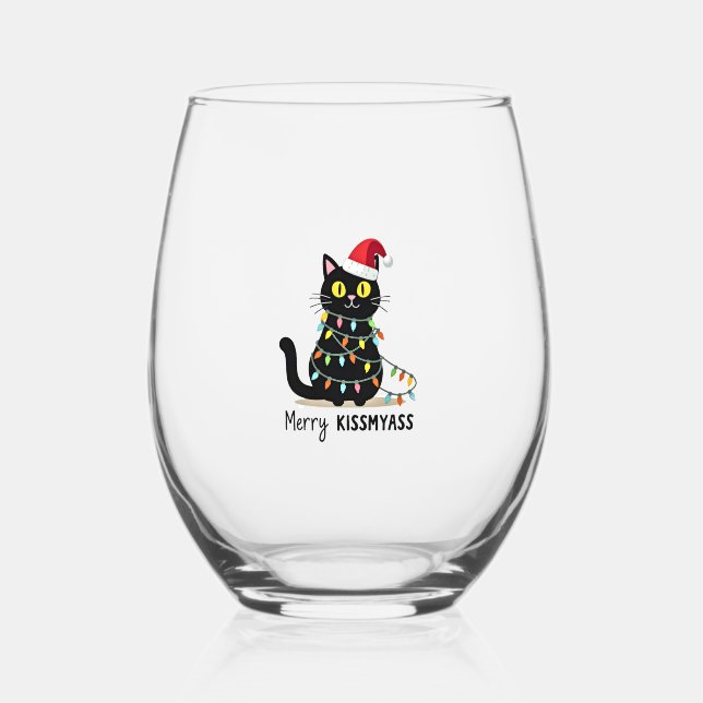 Vaso De Vino Merry Kissmyass Funny Cat Christmas Lights Premium (Anverso)