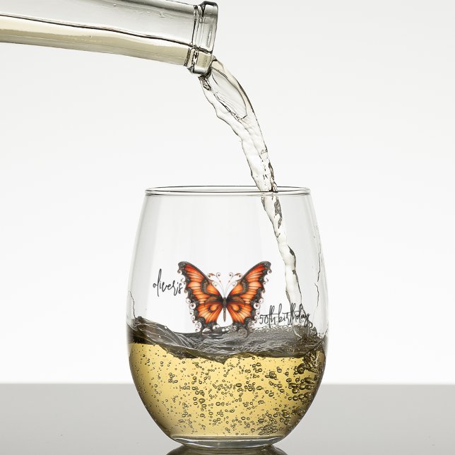 Vaso De Vino Moda Steampunk Mariposa industrial victoriana (Steampunk orange and black monarch butterfly on customizable stemless wine glass for celebrations. )