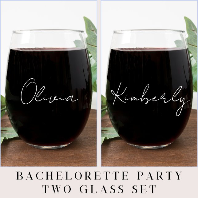 Vaso De Vino Moda White Script Monograma Bachelorette Party (Subido por el creador)