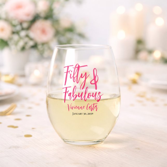 Vaso De Vino Modern 50 and Fabulous Pink 50th Birthday Party (Fifty and Fabulous Name Date 50th Birthday Paper Wine Glass)