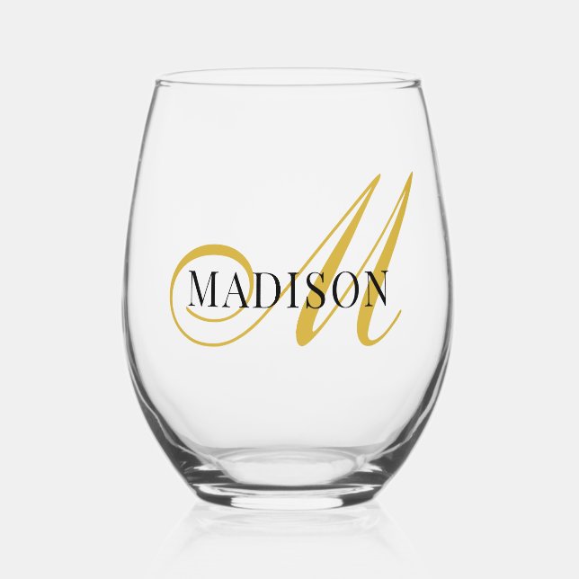 Vaso De Vino Modern Black Gold Monogram Script (Anverso)