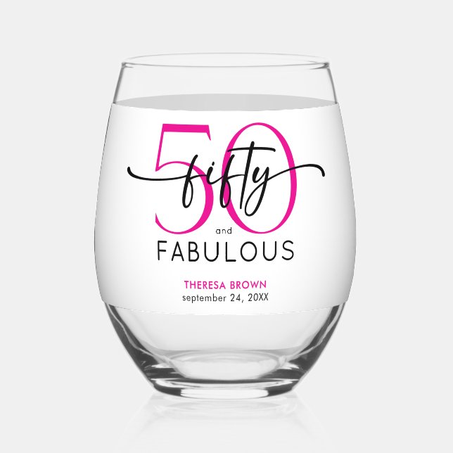 Vaso De Vino Modern Minimal Pink Fifty Fabulous Script Birthday (Anverso)