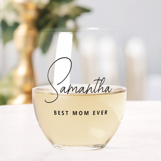 Vaso De Vino Moderna y simple mejor mamá personalizada (Personalized Best Mom Ever Wine Glass, Mother's Day Gift, Mama Mother, Script, Simple Modern Chic)