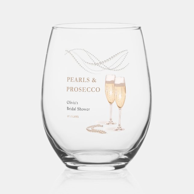 Vaso De Vino Moderno Elegante Ducha de Novia Perlas y Prosecco (Anverso)