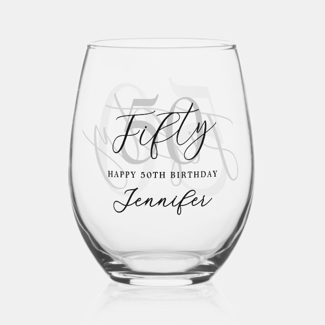 Vaso De Vino Moderno negro y blanco elegante 50 cumpleaños (Anverso)