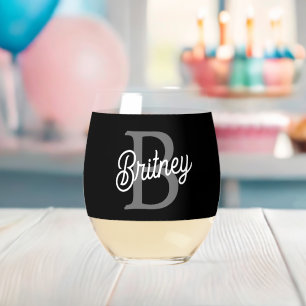 Vaso De Vino Moderno y elegante nombre de monograma guión gris