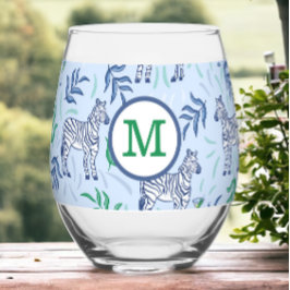 Vaso De Vino Monograma azul de cebra martinis de la marina de a