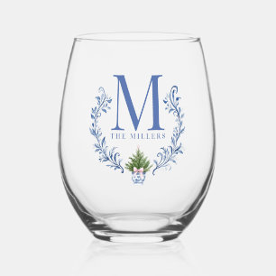 Vaso De Vino Monograma azul Escudo con árbol de Navidad