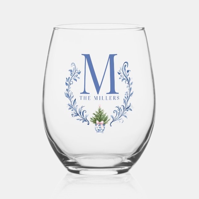 Vaso De Vino Monograma azul Escudo con árbol de Navidad (Anverso)