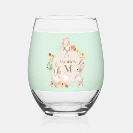 Vaso De Vino Monograma Conejo Conejo Floral Pascua Personalizad