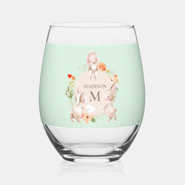 Vaso De Vino Monograma Conejo Conejo Floral Pascua Personalizad (Anverso)