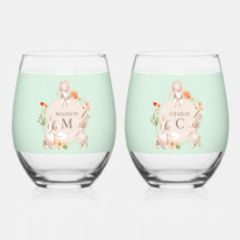 Vaso De Vino Monograma Conejo Conejo Floral Pascua Personalizad