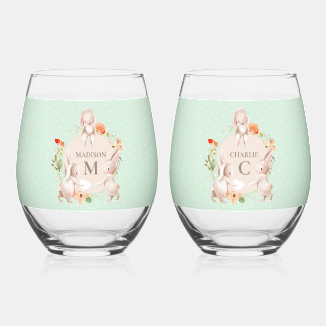 Vaso De Vino Monograma Conejo Conejo Floral Pascua Personalizad (Anverso)