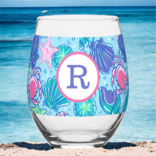 Vaso De Vino Monograma de conchas de cangrejos de playa elegant