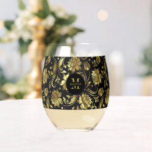 Vaso De Vino Monograma de Damasco floral negro y dorado