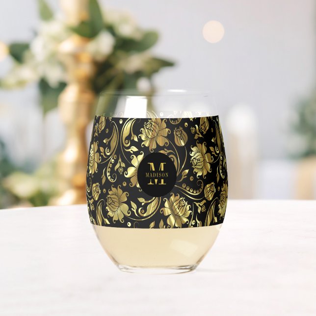 Vaso De Vino Monograma de Damasco floral negro y dorado (Insitu (Boda))