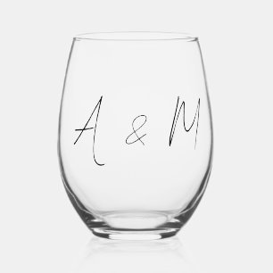 Vaso De Vino Monograma de guión mínimo Boho Boda Negro Blanco