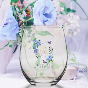 Vaso De Vino Monograma de Moda de cinta Rosa azul