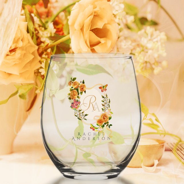 Vaso De Vino Monograma de Moda de cinta Rosa dorada (Romantic Gold Rose Ribbon Monogram  Wine Glass.)
