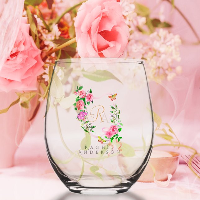Vaso De Vino Monograma de Moda de cinta rosa rosa (Romantic Pink Rose Ribbon Monogram Wine Glass.)