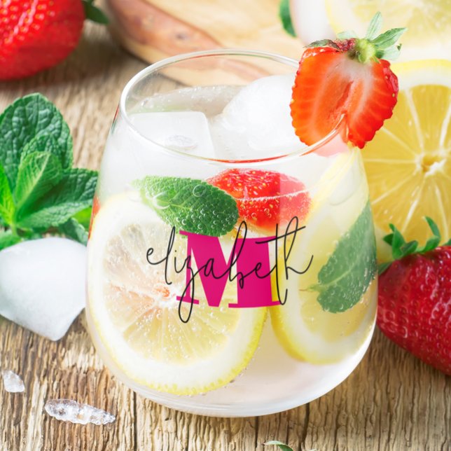 Vaso De Vino Monograma de nombres con guiones de mano (Hand Scripted Name Monogrammed Stemless Wine Glass)