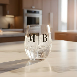 Vaso De Vino Monograma de nombres de pareja de boda minimalista