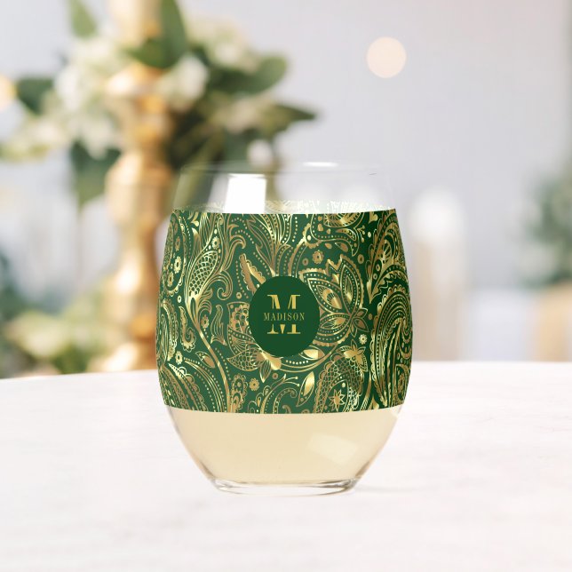 Vaso De Vino Monograma de paisley floral negra y dorada (Insitu (Boda))