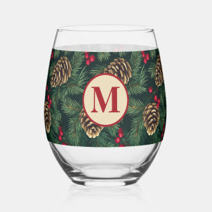 Vaso De Vino Monograma de pino de Navidad personalizado