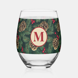 Vaso De Vino Monograma de pino de Navidad personalizado
