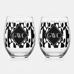 Vaso De Vino Monograma De Rayos Y Tiras De Perro Negro Y Blanco