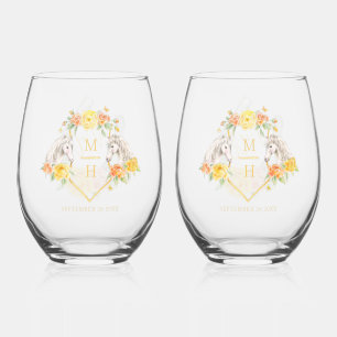 Vaso De Vino Monograma de rosa amarillo de caballo Sr. y Sra. b
