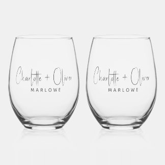 Vaso De Vino Monograma del nombre moderno de recién casados