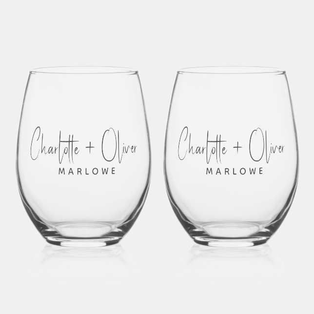 Vaso De Vino Monograma del nombre moderno de recién casados (Anverso)