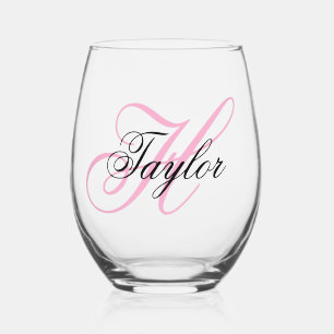 Vaso De Vino Monograma Elegante Negro y Rosa