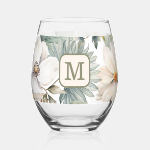 Vaso De Vino Monograma Floral Acuarela Personalizado
