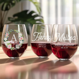 Vaso De Vino Monograma floral Bridesmaids regalo nombre persona