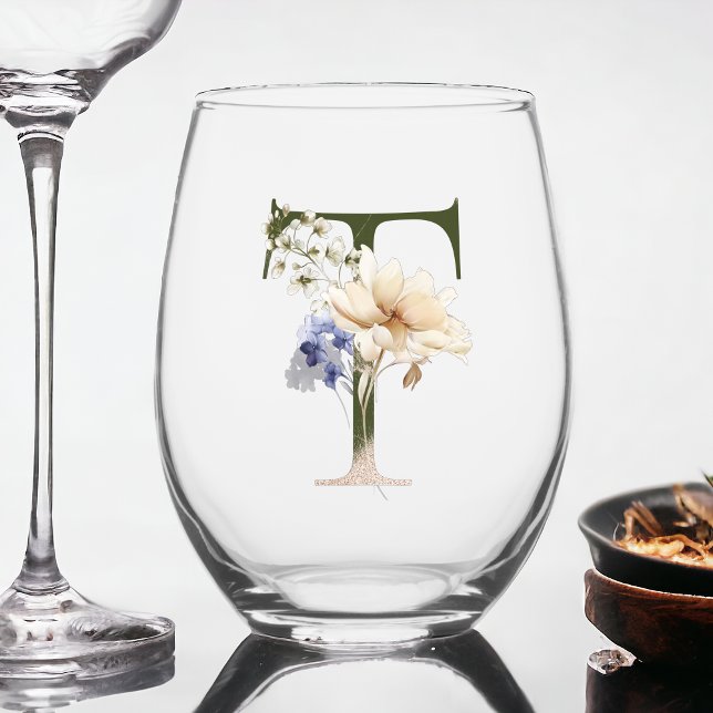 Vaso De Vino Monograma Floral Femenino La Letra T (Subido por el creador)