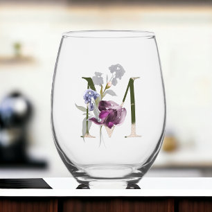 Vaso De Vino Monograma Floral Femenino Letra inicial M