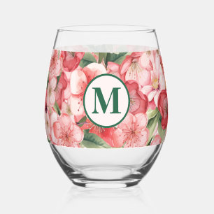 Vaso De Vino Monograma Floral Rosa Personalizado