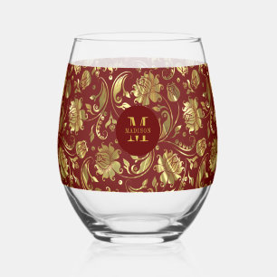 Vaso De Vino Monograma marrón rojo y dorado de damasco floral