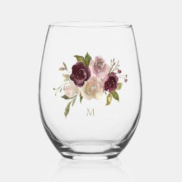 Vaso De Vino Monograma moderno de color de agua floral rosa de 