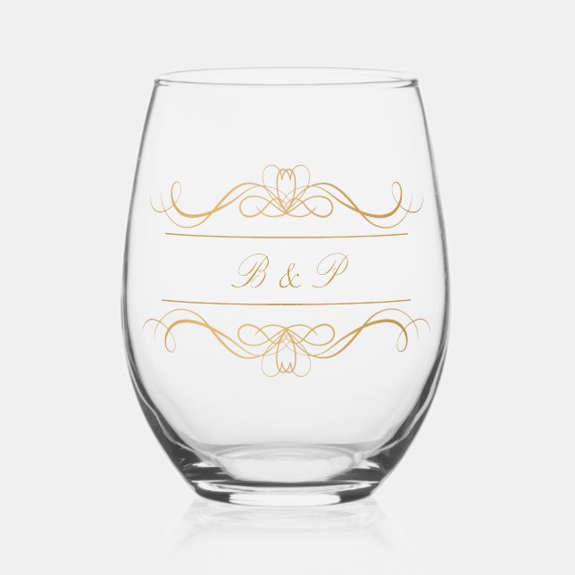 Vaso De Vino Monograma Moderno Elegante Boda De Swirl Gold (Anverso)