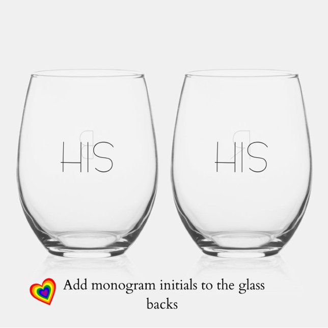 Vaso De Vino Monograma moderno elegante "Su + Su" Pareja Gay (Modern, elegant stemless wine glasses, for the modern, elegant gay couple! Add monogram initials.)