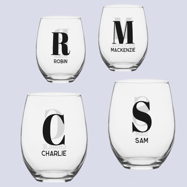 Vaso De Vino Monograma moderno simple Nombre inicial personaliz (Monogram initial name personalized modern stemless wine glasses)