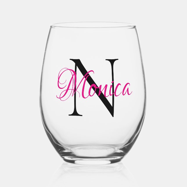 Vaso De Vino Monograma negro y rosado caliente personalizado (Anverso)