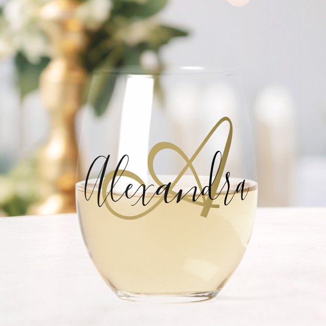 Vaso De Vino Monograma Nombre Elegante en Letra Script Negra Do (Monogram Black Gold Elegant Script Name Stemless Wine Glass)