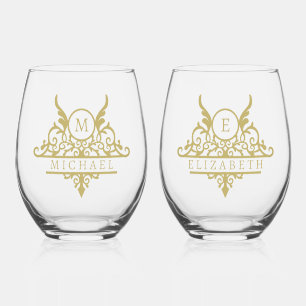 Vaso De Vino Monograma Nombre personalizado Ornato personalizad