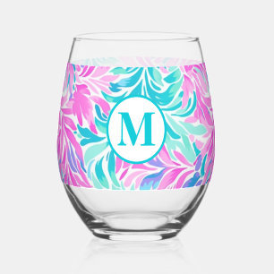 Vaso De Vino Monograma personalizada floral teal rosa