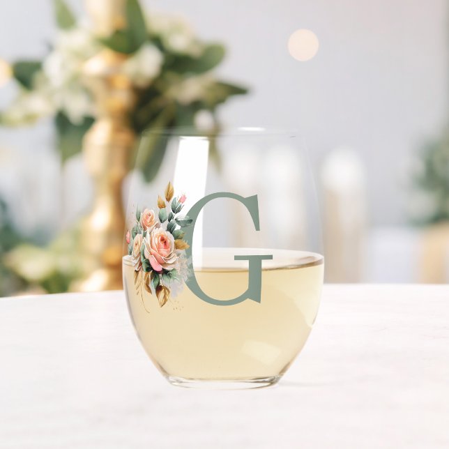 Vaso De Vino Monograma Personalizado floral elegante y moderno (Insitu (Boda))